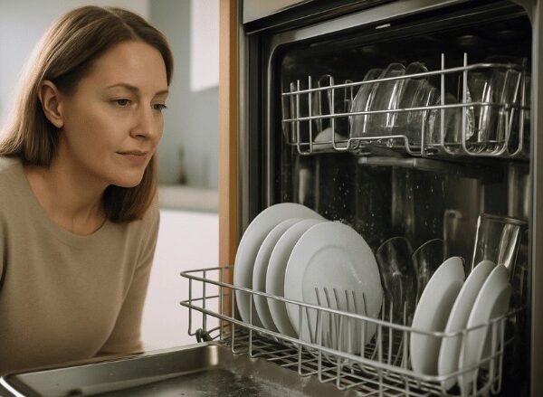 Mulher observa uma lava-louças moderna em funcionamento, em cozinha iluminada e organizada, transmitindo curiosidade e atenção
