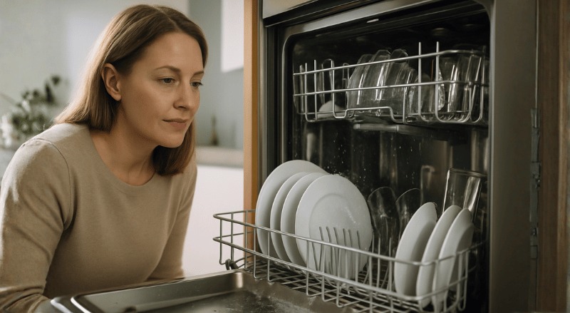 Mulher observa uma lava-louças moderna em funcionamento, em cozinha iluminada e organizada, transmitindo curiosidade e atenção