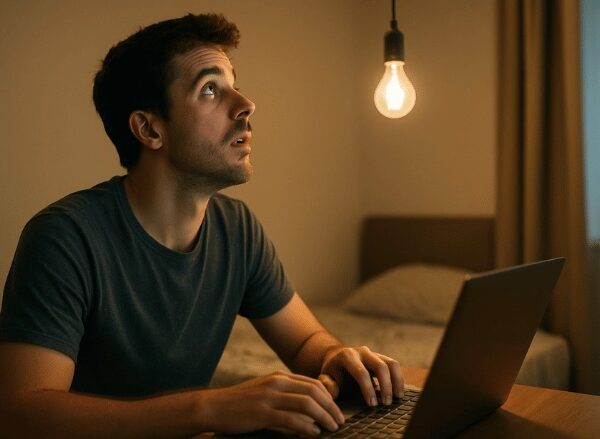 Pessoa em um quarto à noite, digitando no laptop enquanto olha para cima em direção à lâmpada acesa, com iluminação suave e ambiente aconchegante