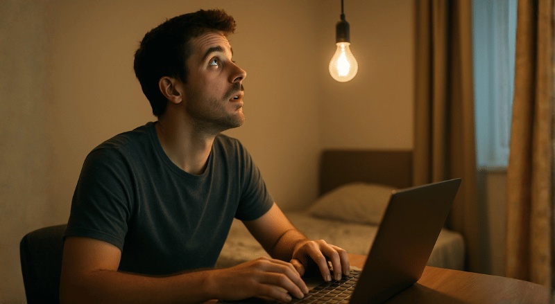 Pessoa em um quarto à noite, digitando no laptop enquanto olha para cima em direção à lâmpada acesa, com iluminação suave e ambiente aconchegante