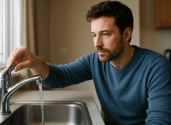 Pessoa em sua cozinha fechando uma torneira, com expressão atenta e iluminação natural suave, em ambiente doméstico realista