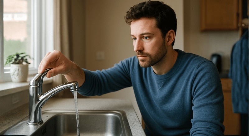 Pessoa em sua cozinha fechando uma torneira, com expressão atenta e iluminação natural suave, em ambiente doméstico realista