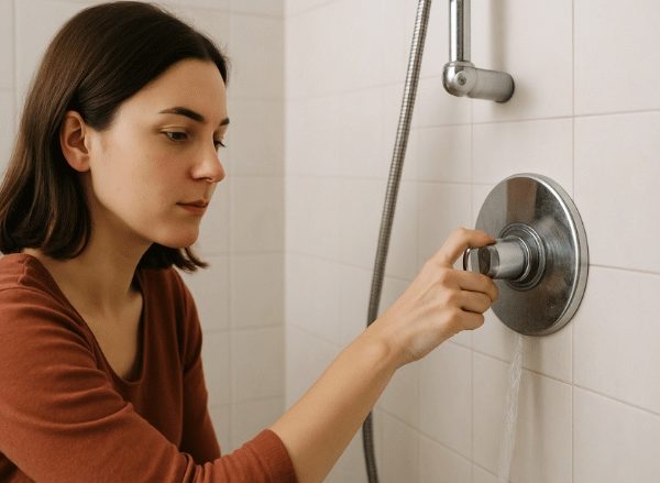 Uma pessoa em um banheiro simples e iluminado naturalmente aparece fechando a torneira do chuveiro, com foco nas mãos e no gesto de girar o registro, transmitindo atenção e cuidado no uso da água