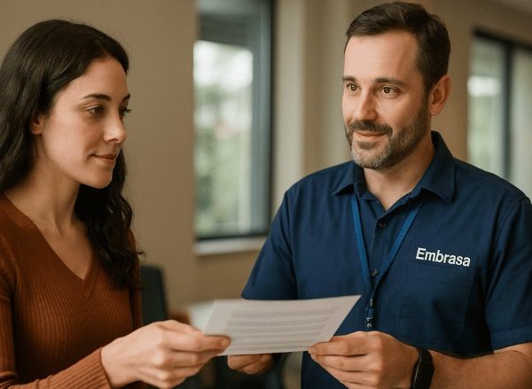 Pessoa recebe um documento de um funcionário da Embrasa em um ambiente institucional bem iluminado