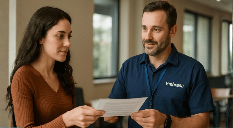 Pessoa recebe um documento de um funcionário da Embrasa em um ambiente institucional bem iluminado