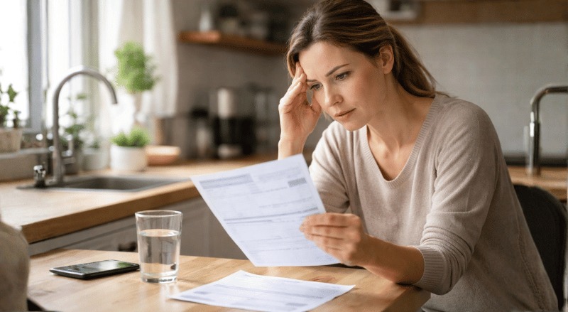 Pessoa sentada em casa, analisando atentamente uma conta de água em papel sobre a mesa. A expressão demonstra preocupação enquanto observa o documento, em um ambiente doméstico iluminado de forma natural, transmitindo a ideia de verificação ou surpresa com o valor da conta.