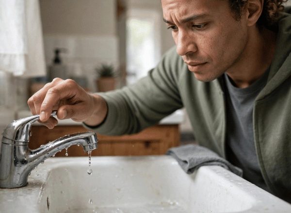 pessoa fechando torneira que está pingando em casa, foco na gota e na mão, luz natural suave e plano médio lateral
