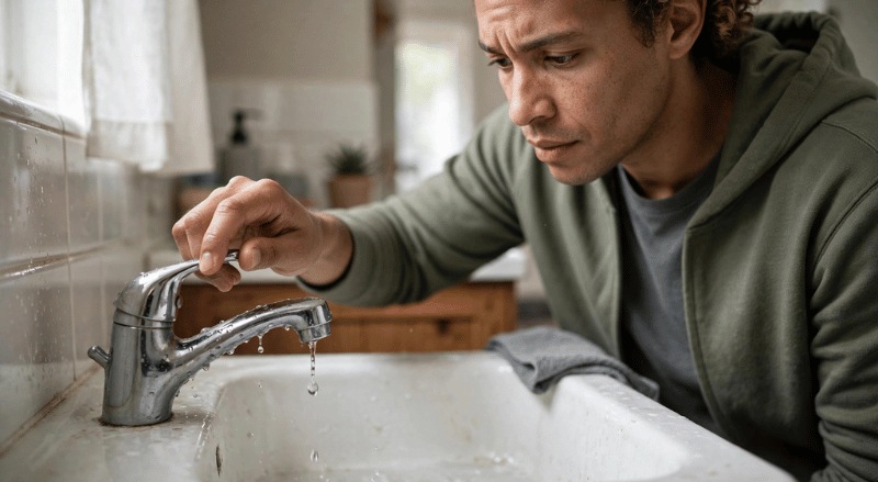 pessoa fechando torneira que está pingando em casa, foco na gota e na mão, luz natural suave e plano médio lateral