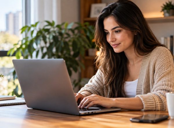 Pessoa concentrada usando um laptop em um ambiente interno aconchegante, com iluminação natural suave e clima de trabalho tranquilo
