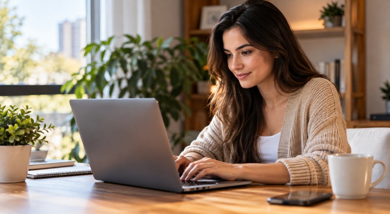 Pessoa concentrada usando um laptop em um ambiente interno aconchegante, com iluminação natural suave e clima de trabalho tranquilo